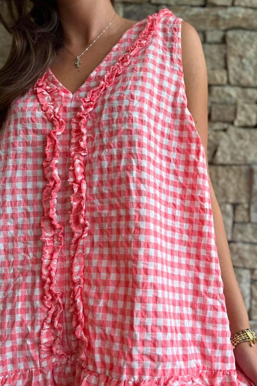 Nonni Gingham Ruffle Front Tank Sherbet Coral